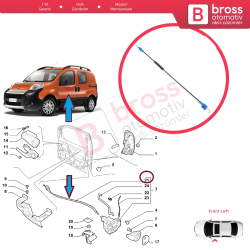 Fiat Fiorino MK3 225 Qubo 2007-2016 Citroen Nemo Peugeot Bipper 2008–2017 1365222080 için Sol Ön Kapı İç Açma Kilit Teli