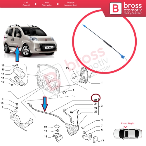 Fiat Fiorino MK3 225 Qubo 2007-2016 Citroen Nemo Peugeot Bipper 2008–2017 1354711080 için Sağ Ön Kapı İç Açma Kilit Teli
