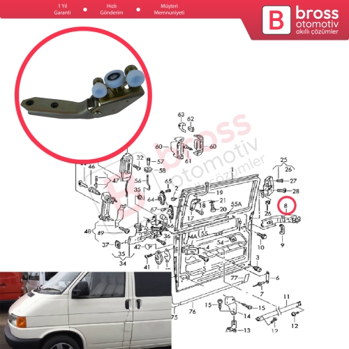 VW Transporter T4 1990-2003 için Sol Arka Sürgülü Kapı Orta Makarası