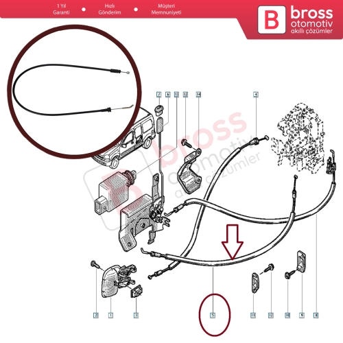 Renault Kangoo MK1 İçin Sol Sürgülü Kapı İç Açma Teli 8200182967