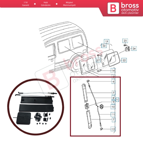 VW Caddy MK3 İçin Yan Sürgülü Cam Tamir Seti 2K0847781B