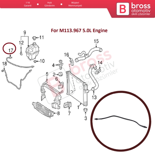 Mercedes W211 E 500 C219 CLS 500 M113.967 için Motor Soğutucu Taşma Hortumu Havalandırma Borusu 2115010125