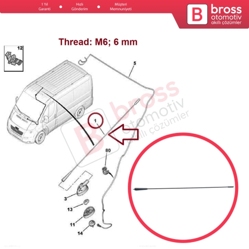 Citroen Relay Fiat Seicento Punto Doblo Ducato Bravo Peugeot Boxer 6561.N6 için Anten Çubuğu M6 6 mm