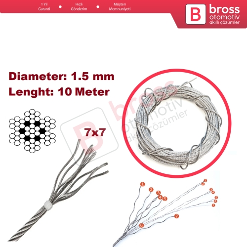 Araç Cam Kriko Tamiri için 7x7 Çelik Tel Halat Tamir Kablosu Çap: 1.5 mm Uzunluk: 10 metre