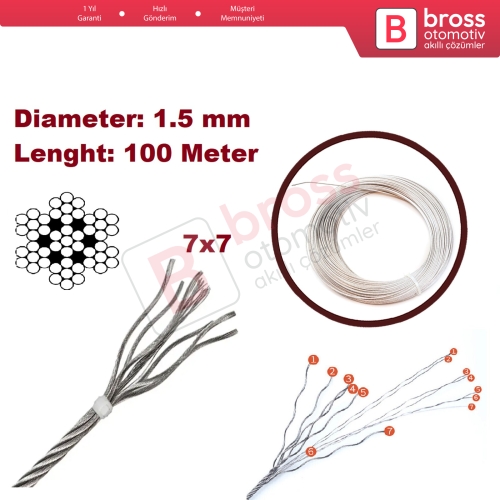 Araç Cam Kriko Tamiri için 7x7 Çelik Tel Halat Tamir Kablosu Çap: 1.5 mm Uzunluk: 100 metre