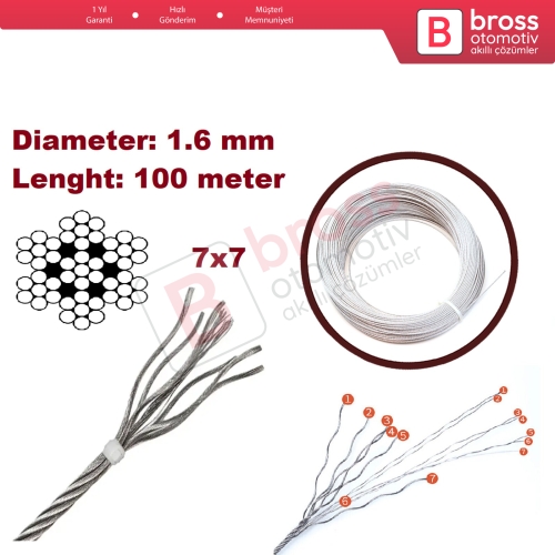 Araç Cam Kriko Tamiri için 7x7 Çelik Tel Halat Tamir Kablosu Çap: 1.6 mm Uzunluk: 100 metre