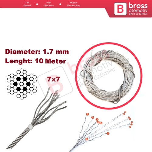 Araç Cam Kriko Tamiri için 7x7 Çelik Tel Halat Tamir Kablosu Çap: 1.7 mm Uzunluk: 10 metre