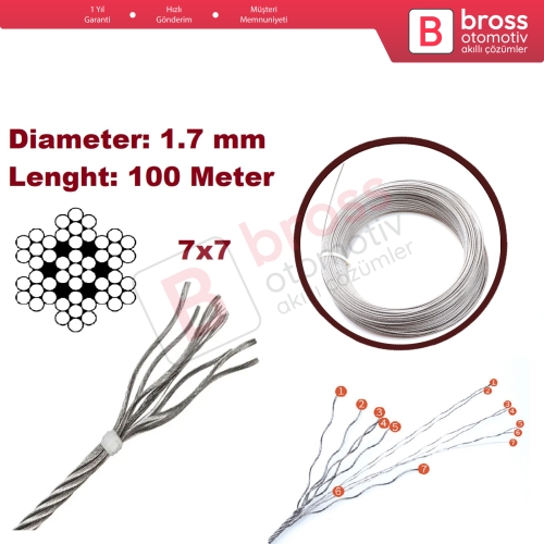 Araç Cam Kriko Tamiri için 7x7 Çelik Tel Halat Tamir Kablosu Çap: 1.7 mm Uzunluk: 100 metre